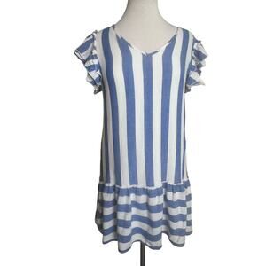 Entro Blue Striped Ruffle Sleeve Dress Women's S